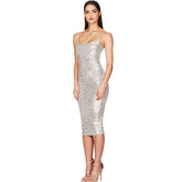 Vestido midi de cóctel ajustado con lentejuelas brillantes - Plateado